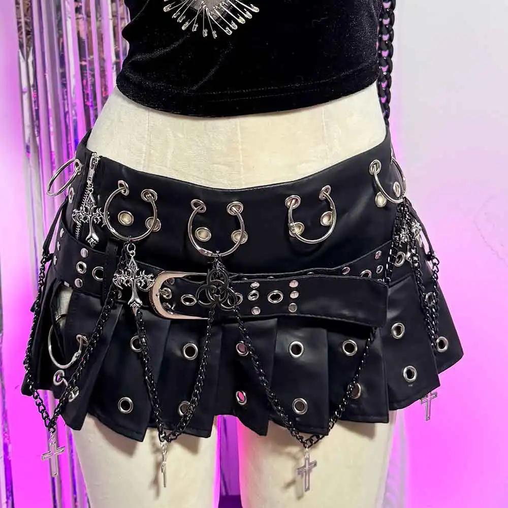 Mini-jupe gothique emo en cuir PU pour adolescentes, style grunge, punk rock, festival, rave, Y2K, v