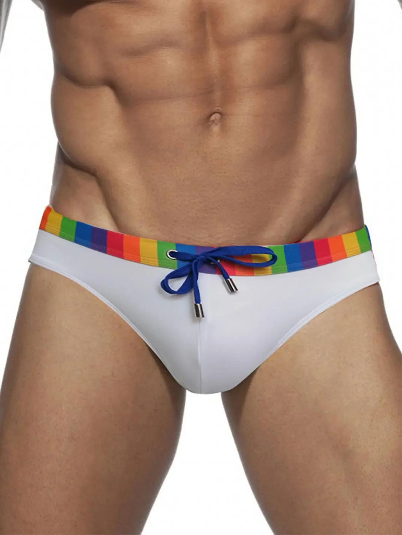 Maillot de bain à rayures arc-en-ciel pour homme, slip de bain sexy, poudres de contour, bikini, sho