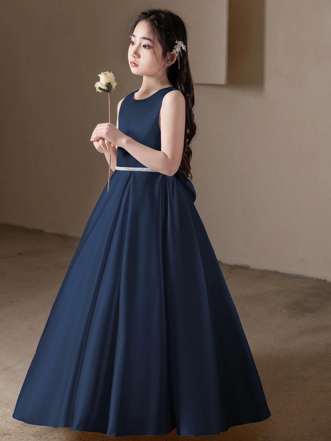 Robe longue bleu roi pour adolescente, robe de soirée, robe de demoiselle d'honneur avec grand nœud,