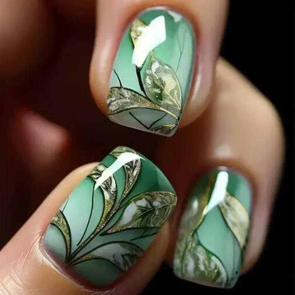Faux ongles à pression carrée courte, fleur de Jade, poudre scintillante, avec colle, dégradé vert,