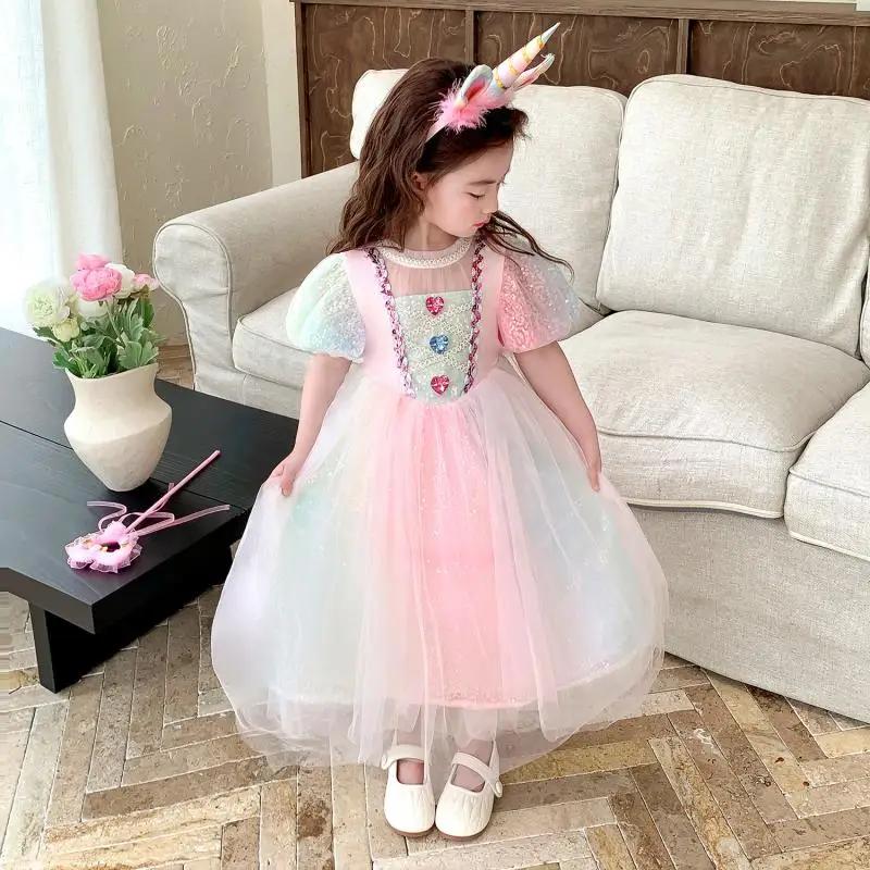 Robe de princesse sirène pour filles, en maille de pierres précieuses colorées à paillettes dégradée