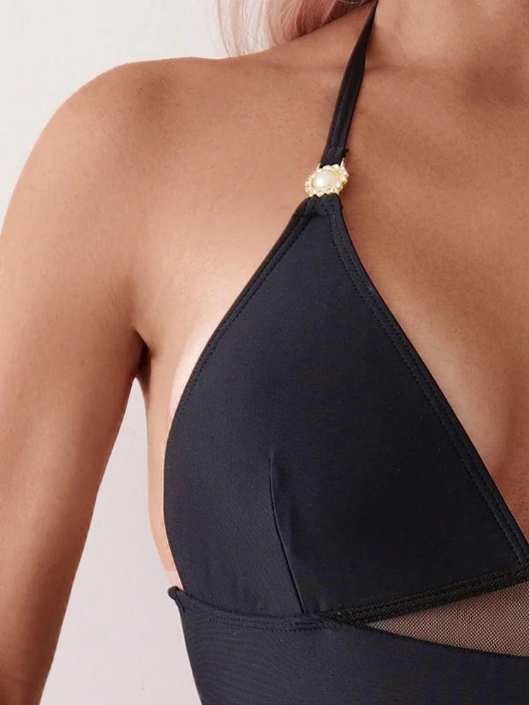 Maillot de bain une pièce noir licou sexy - Monokini col en V maille nouvelle collection 2026 femmes