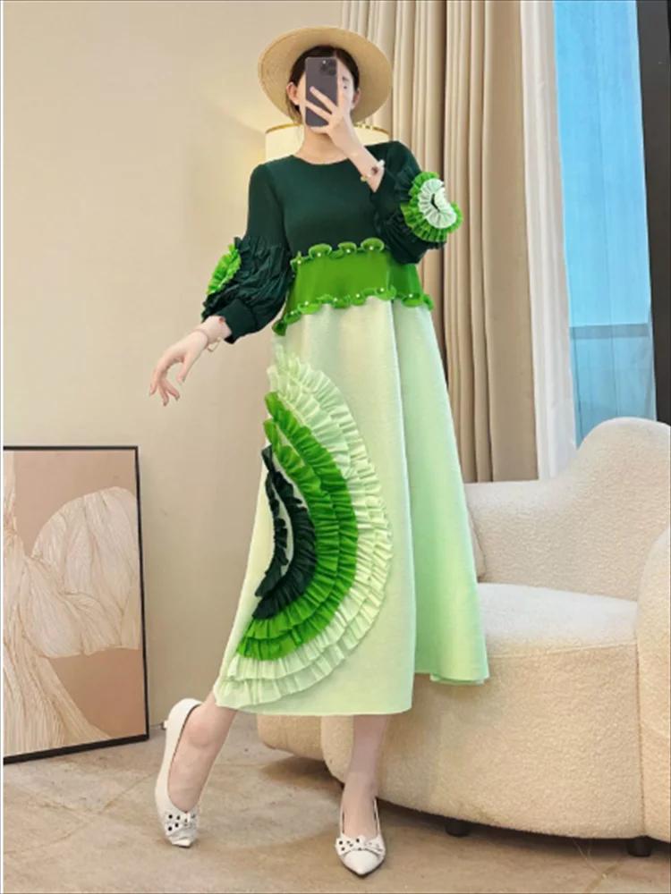 Miyake cravate fleur conception femmes robe plissée col rond à manches longues Colorblock Patchwork