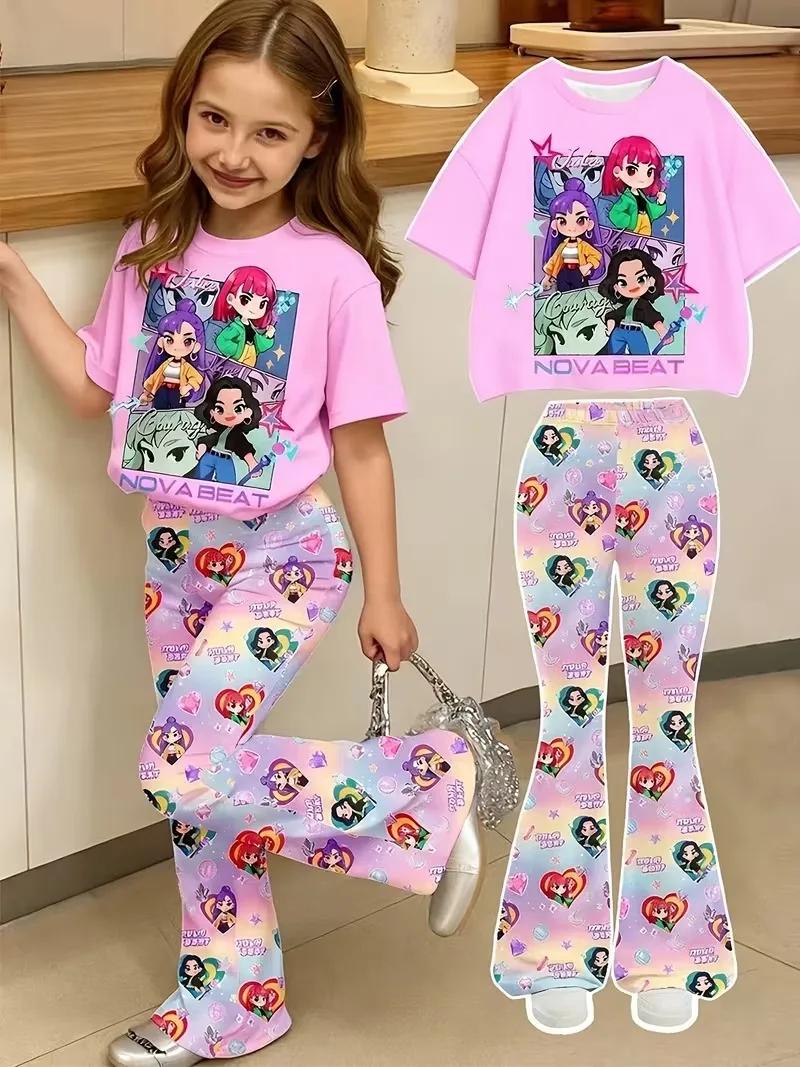 Ensemble pantalon 2 pièces Kpop Nova Beat Girls, t-shirt graphique rose et leggings évasés en forme