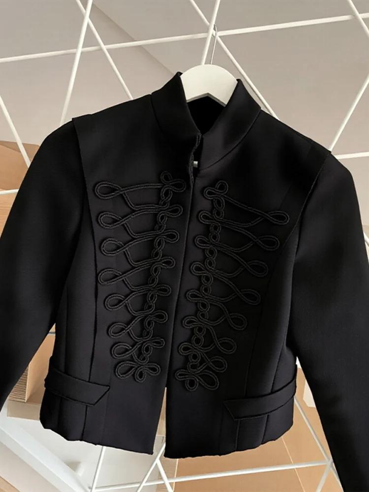 Veste Courte Napoléon Élégante pour Femme, Col Montant, Manches Longues, Coupe Slim, Manteau Noir, N