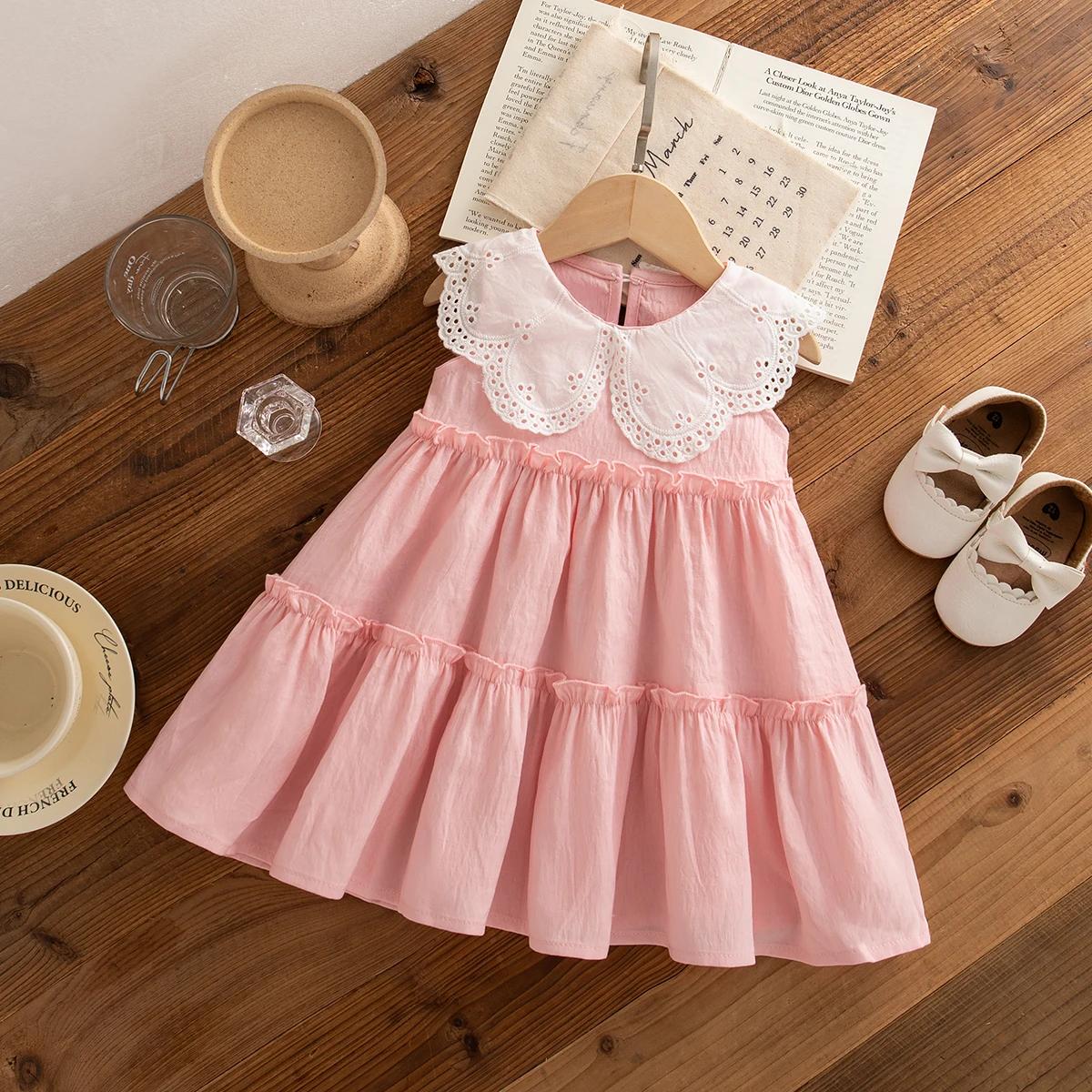 Vêtements d'été en coton pour petites filles, couleur unie, sans manches, à revers, robes de plage m