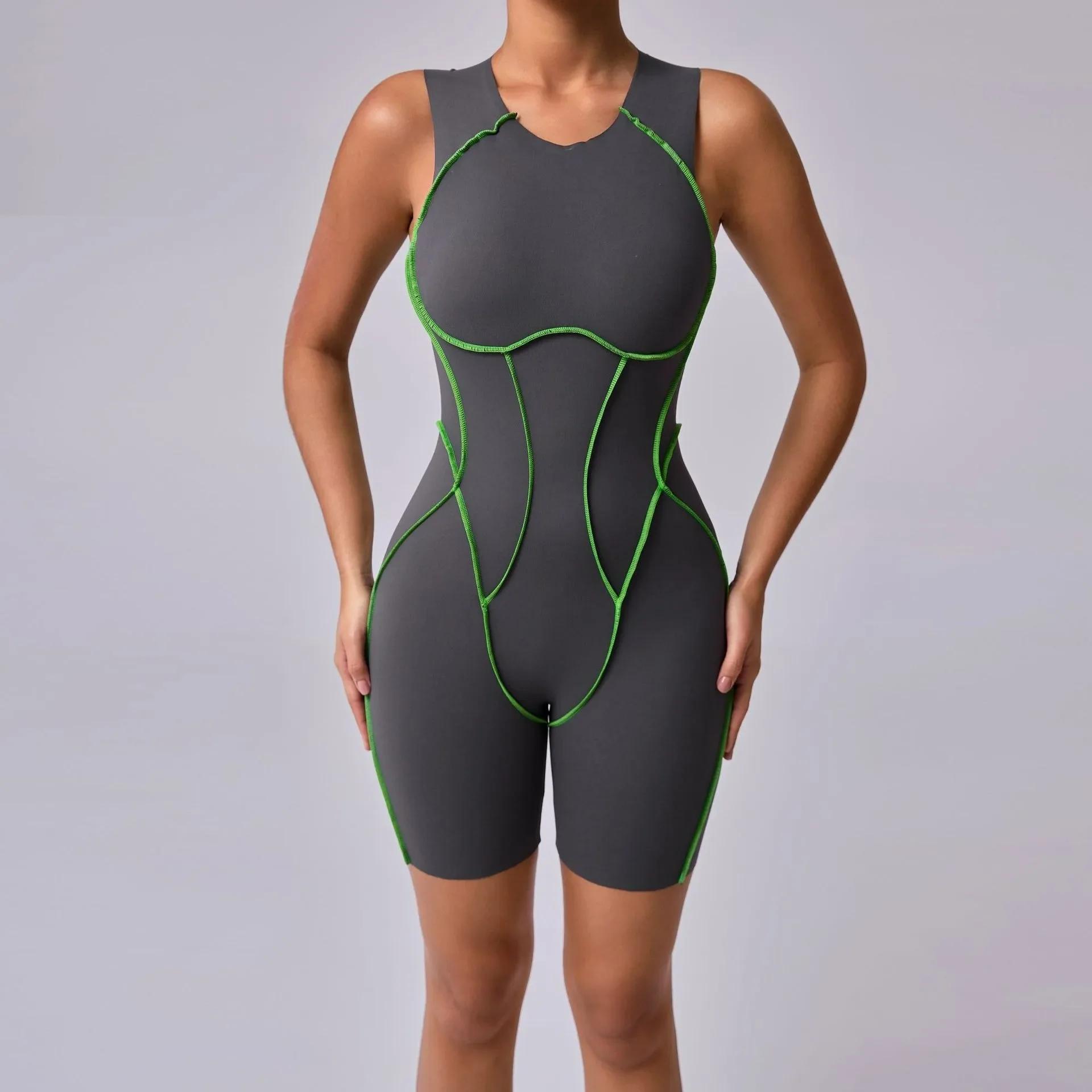 Combinaisons de Yoga dos nu pour femmes, couleur couture, avec coussinets de poitrine, sans manches,