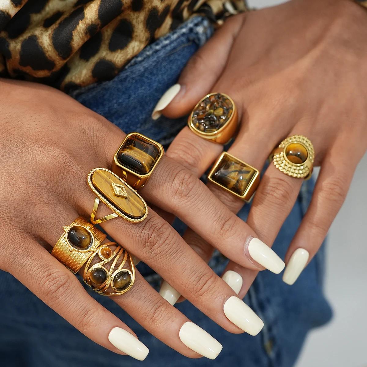 Bague ovale en pierre marron et acier inoxydable pour femmes, anneaux empilés réglables, bijoux cade