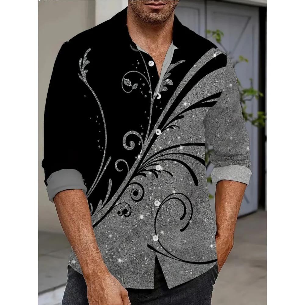 Chemise pour homme à imprimé pailleté, manches longues, motif géométrique, décontractée, col à rever