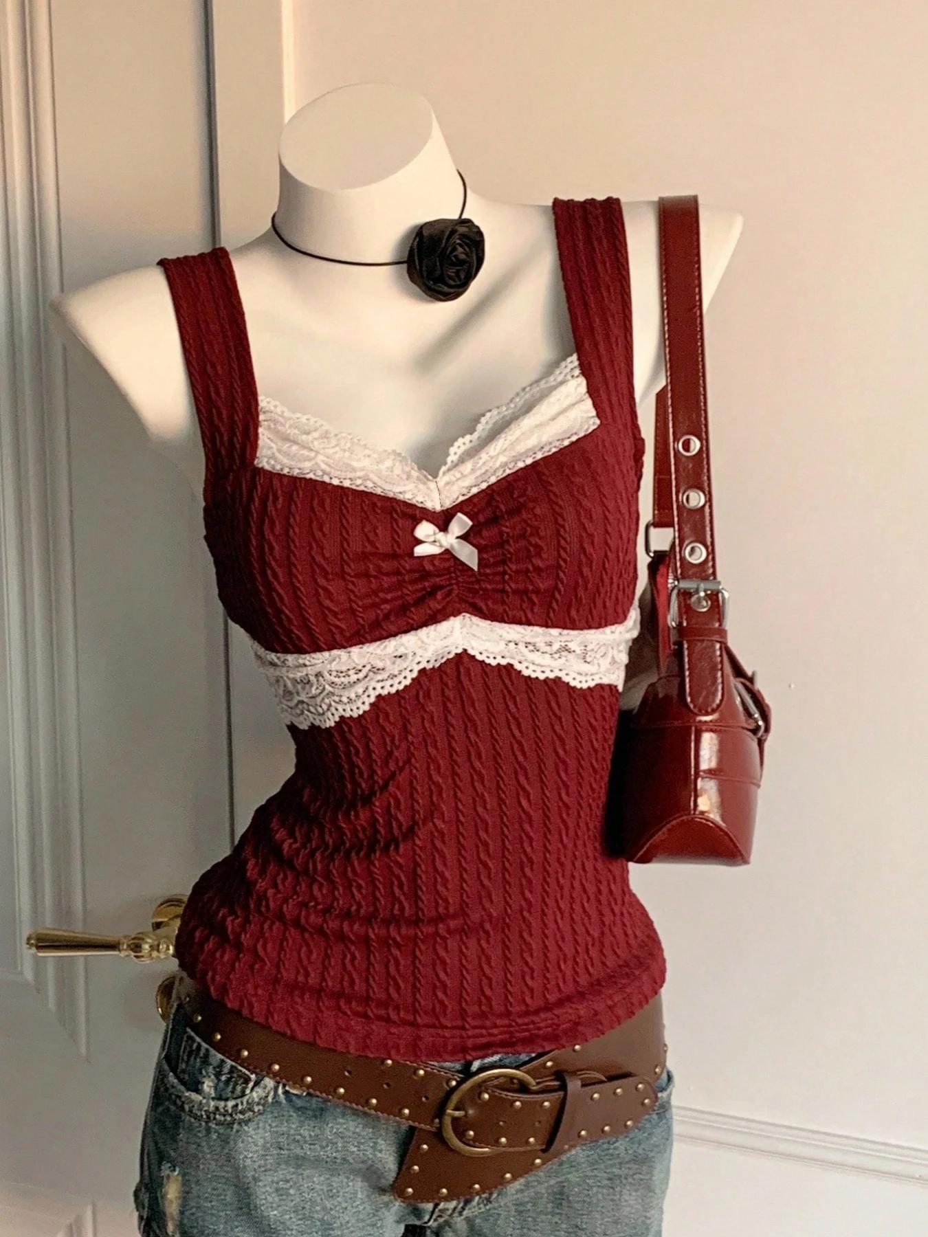 Nouveau débardeur femme Y2K tendance été avec dentelle et nœud décoratif, style pur et séduisant