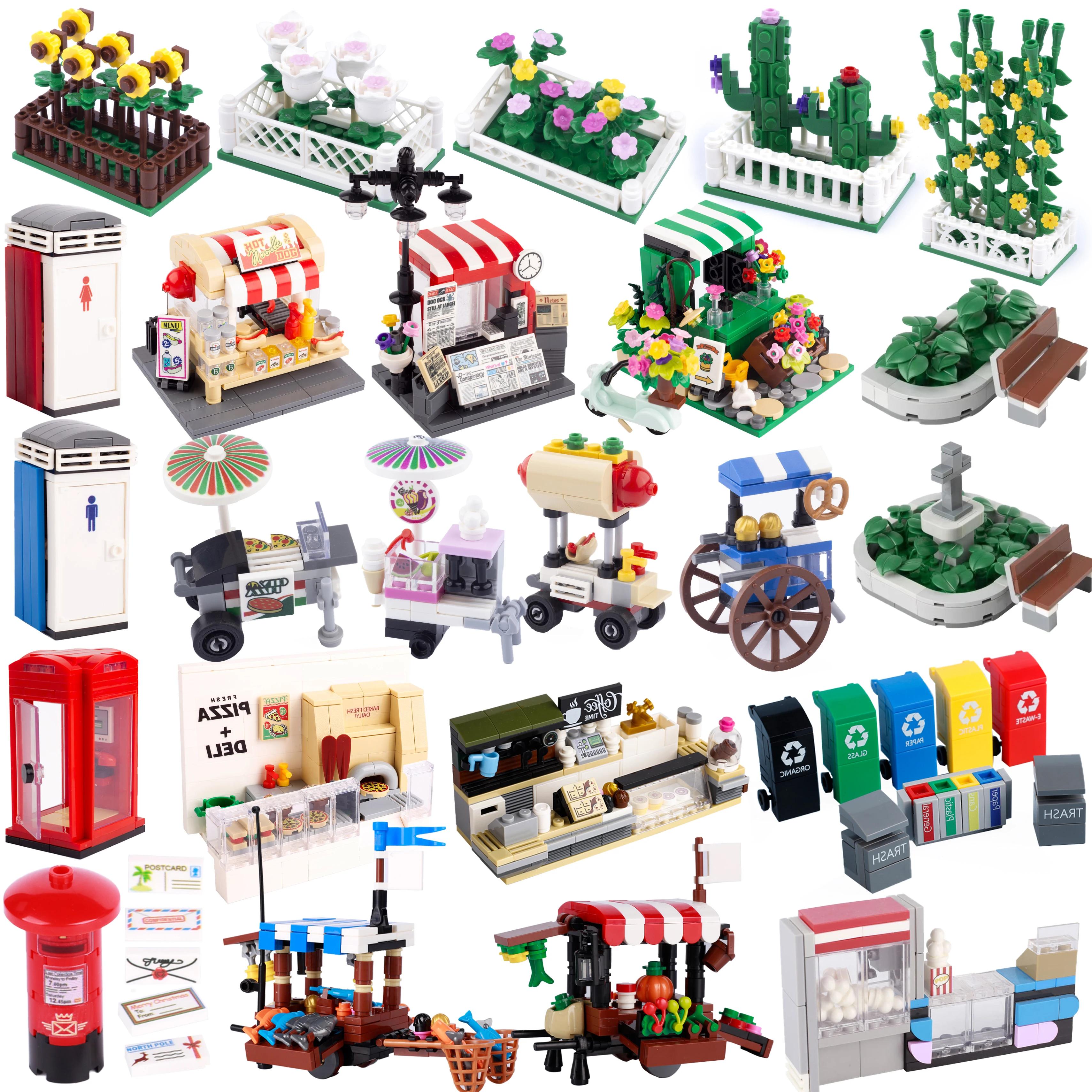 MOC – blocs de construction de stand de nourriture, boîte d'appel, toilettes, vue sur la rue, Pizza,