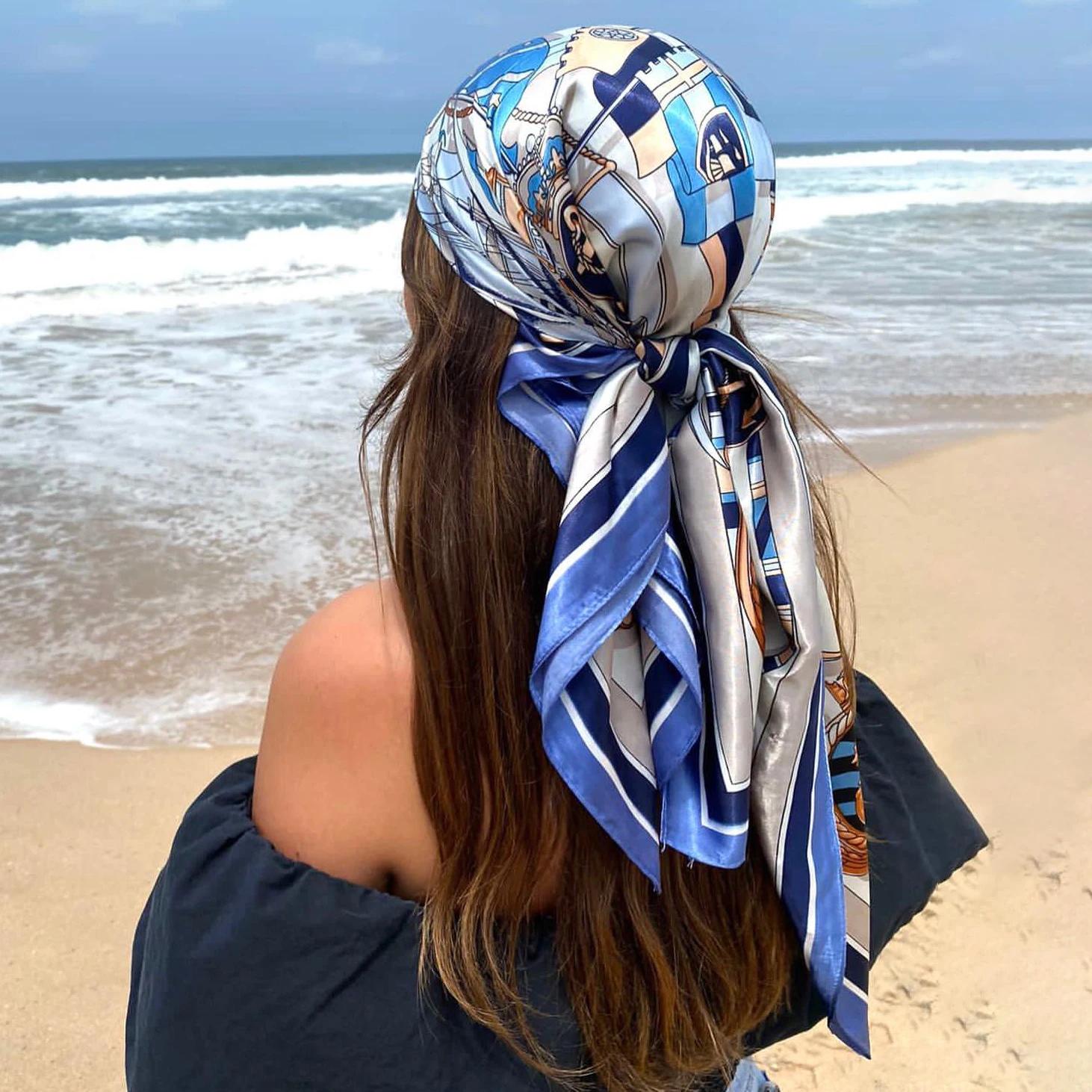 Foulard carré en Satin pour femmes musulmanes, Hijab élégant, imprimé 2025, foulard en soie, châle,