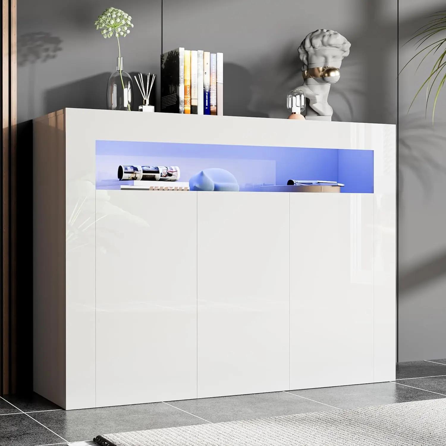 Armoire de rangement moderne blanche avec lumières LED, buffet à haute brillance, étagère réglable,