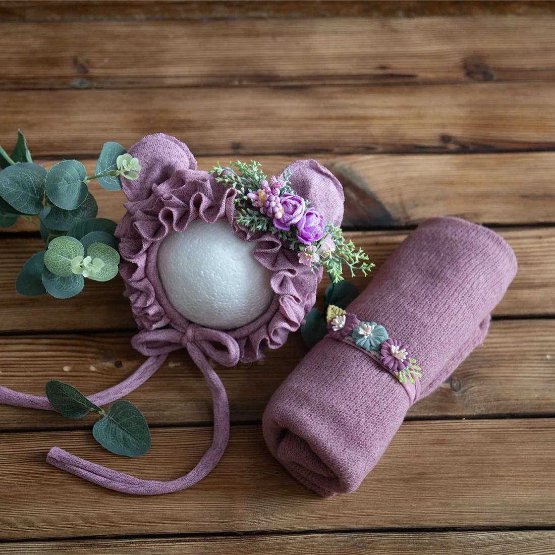 Nouveau-né tricot extensible Mohair enveloppement dentelle volants couture Bonnet et bandeau photogr