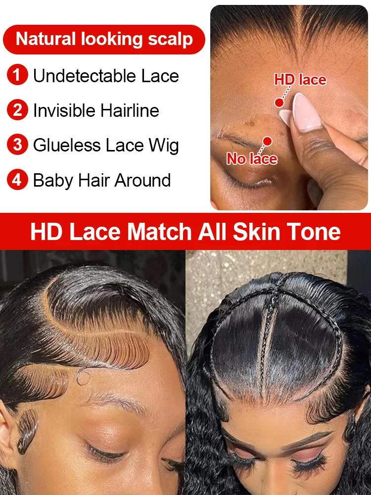 300% densité bouclés perruques cheveux humains 13x6 HD dentelle frontale vague profonde perruques 46