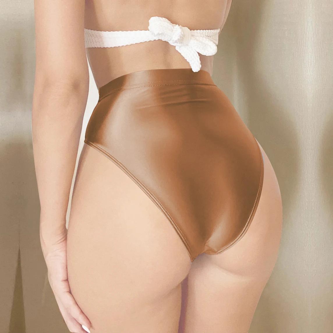 Short en satin brillant huileux, sous-vêtement de sport sexy, bas de bikini solide brillant, pantalo