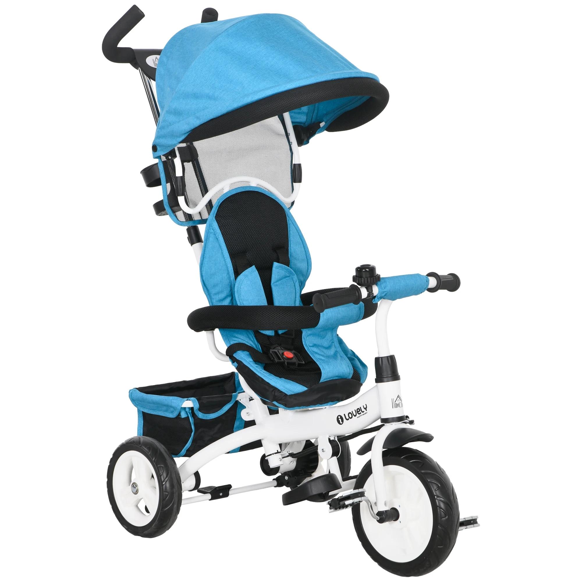 Tricycle évolutif Homcom pour enfants +12 mois avec auvent pliable, poignée télescopique et ceinture