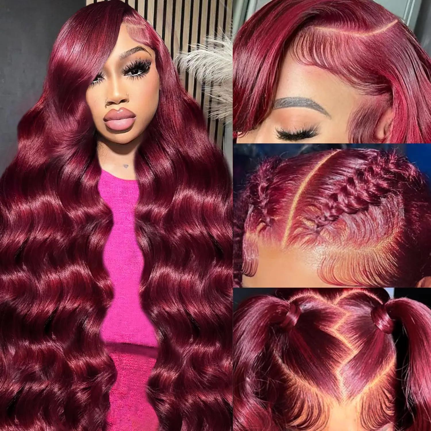 99J bordeaux dentelle avant perruque de cheveux humains vague de corps rouge couleur perruques brési