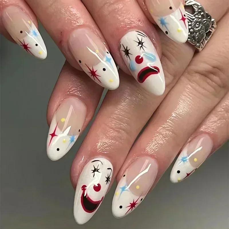 Faux ongles Halloween avec tête d'amande, 24 pièces, faux ongles Clown mignon, couverture complète f