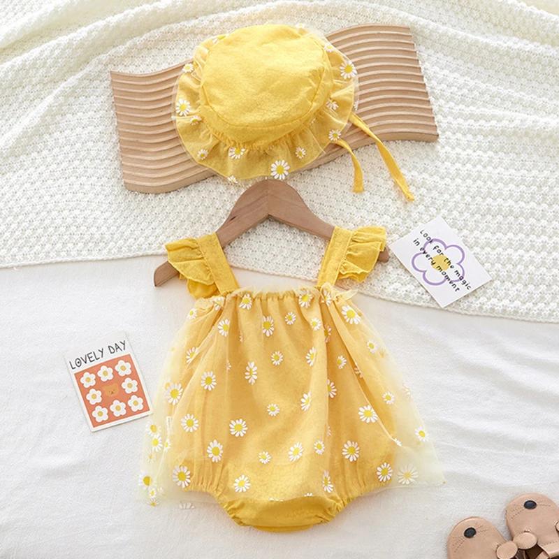 Vêtements d'été pour bébés filles, combinaison + chapeau, manches volantes, impression en coton, mai
