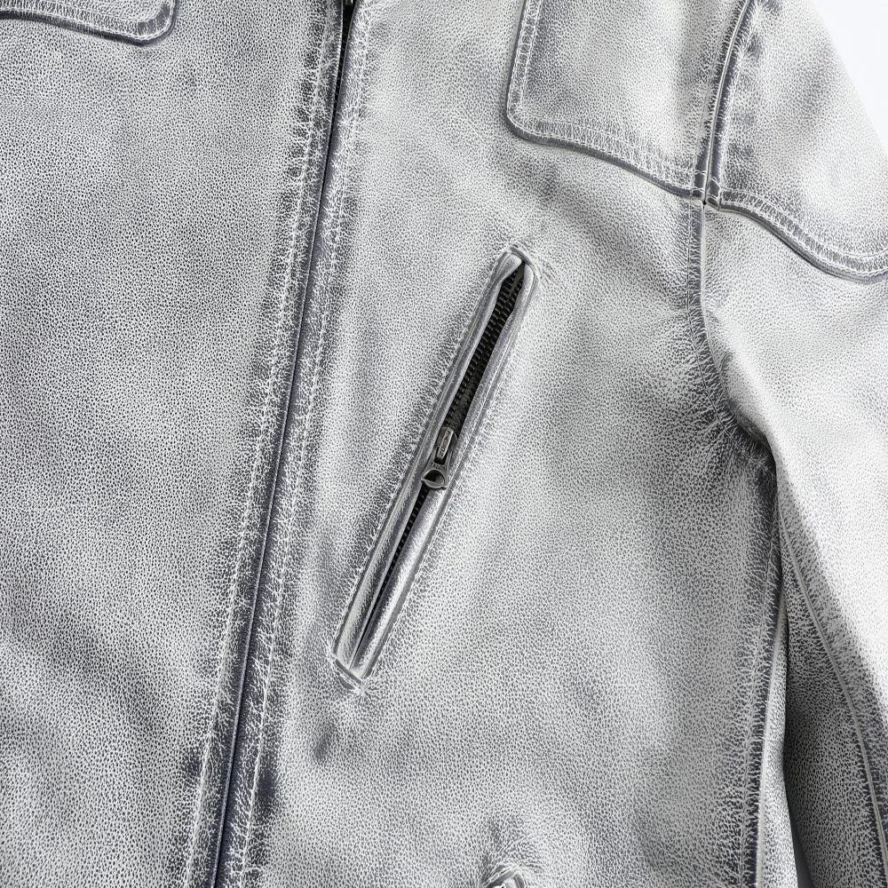 Veste en cuir véritable vieilli pour homme, style rétro, finition usée, col montant, classique, en c