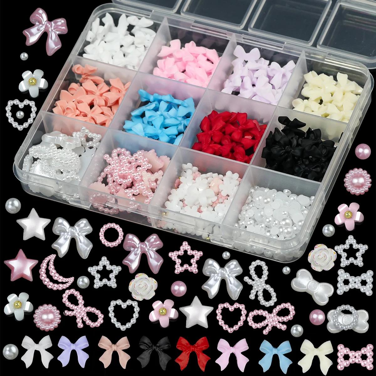 Boîte de 12/15 compartiments de décorations pour ongles en résine, nœuds papillon mixtes, breloques