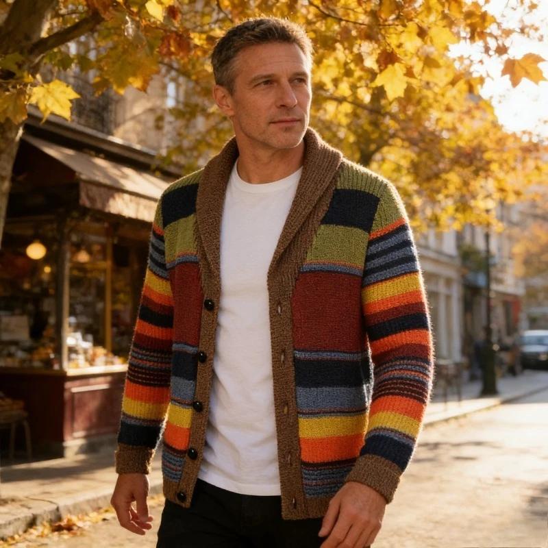Cardigan en tricot pour homme, nouvelle collection automne-hiver, blocs de couleurs arc-en-ciel, sty