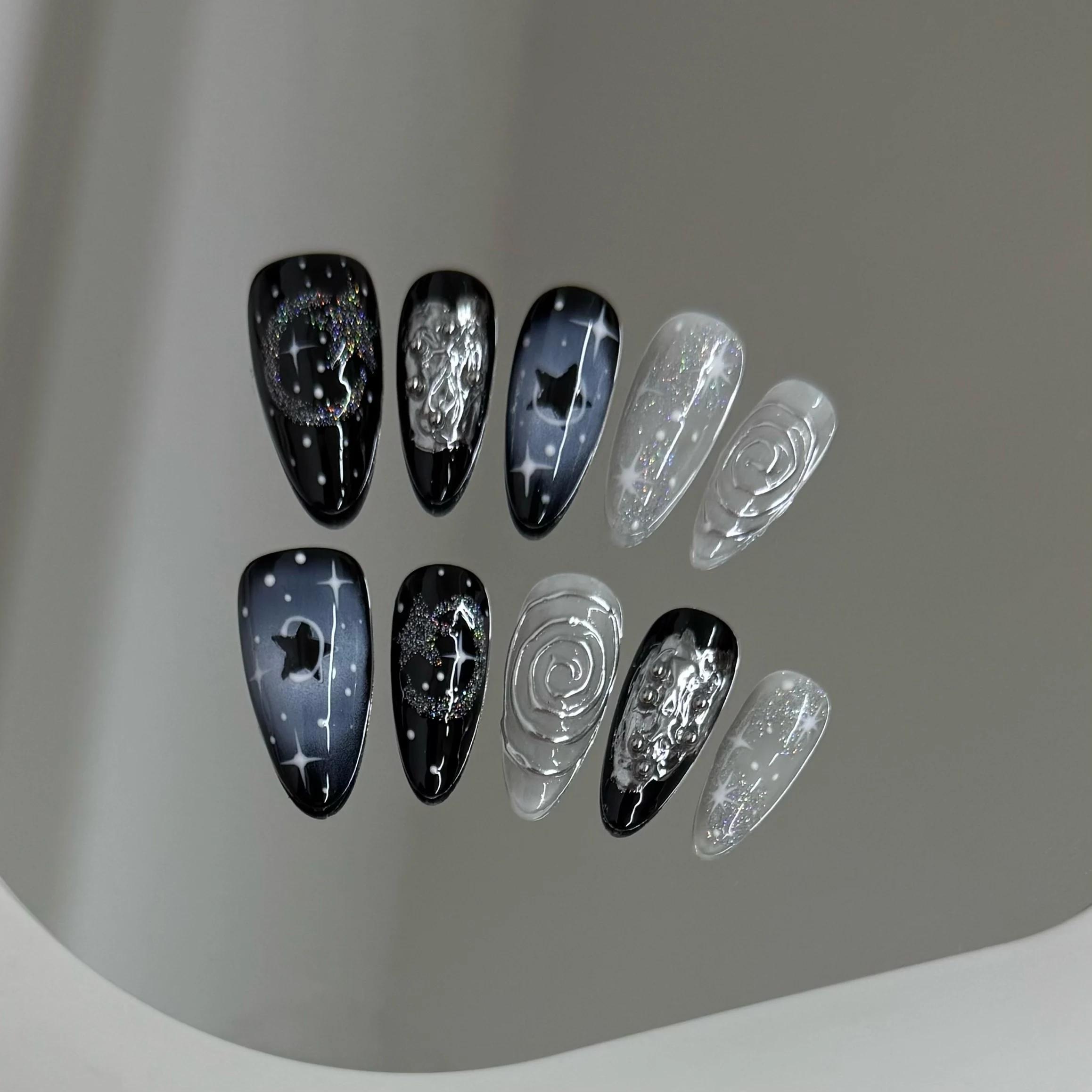 Faux ongles à pression faits à la main Y2k, ciel étoilé, amande, détachables, portables, doux et fra