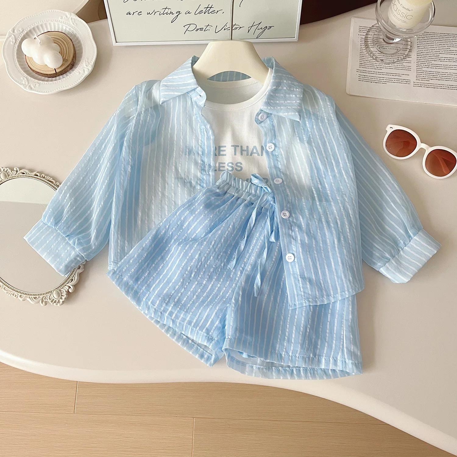 Ensemble de protection solaire pour filles, chemise à manches longues à rayures + gilet + short, cos