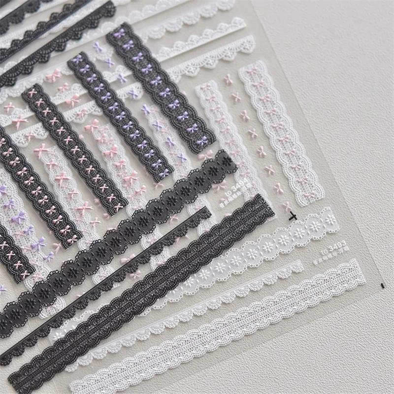 Autocollants en dentelle pour ongles, 1 pièce, motif cœur d'amour, rose, blanc, noir, auto-adhésif,