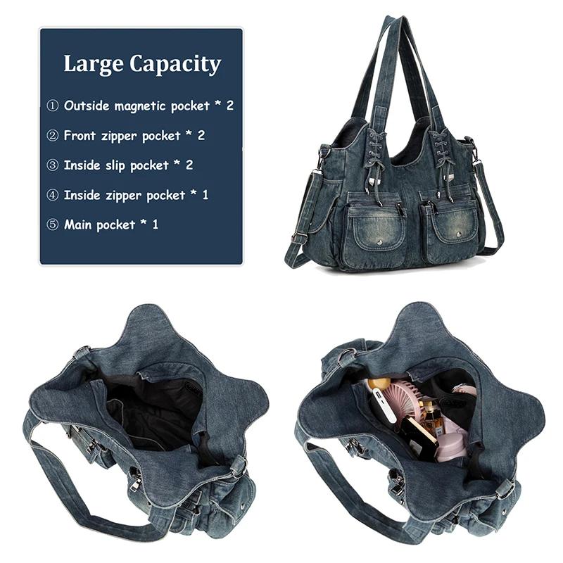 IPinee-Sac en jean bleu vintage pour femme, sac à main à bandoulière, portefeuille initié, grande ca