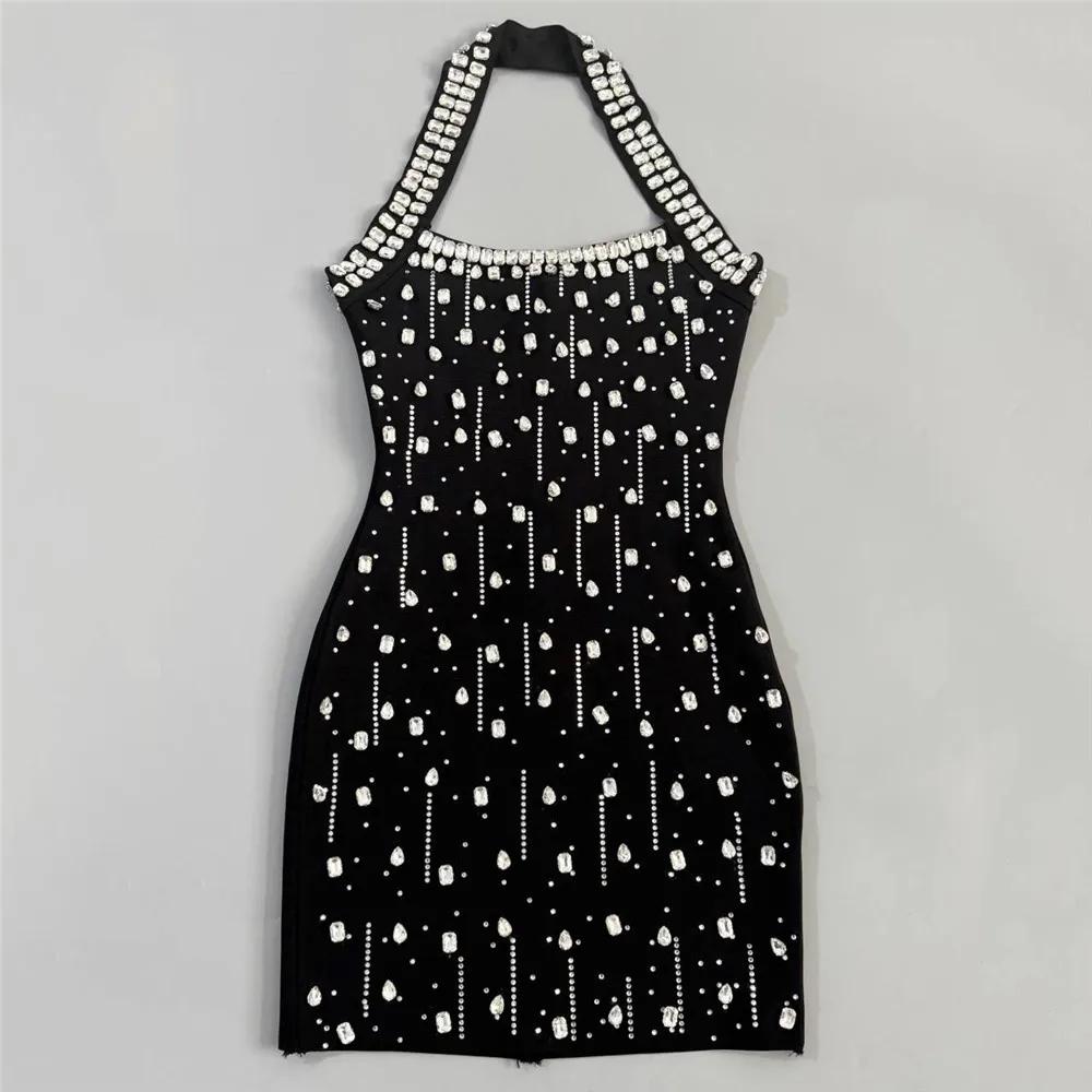 Robe de soirée mini pour femme, style halter, ornée de strass et de diamants, idéale pour les clubs