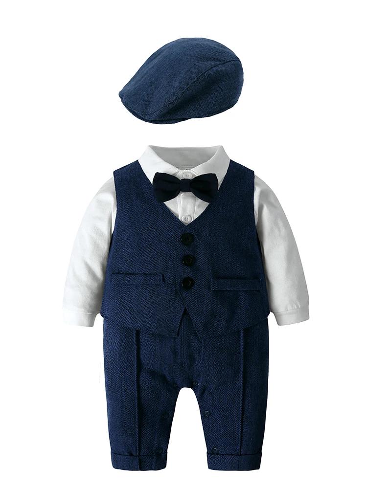 Vêtements de Style anglais pour bébé garçon, en coton, à manches longues, haut et bas, chapeau, gile