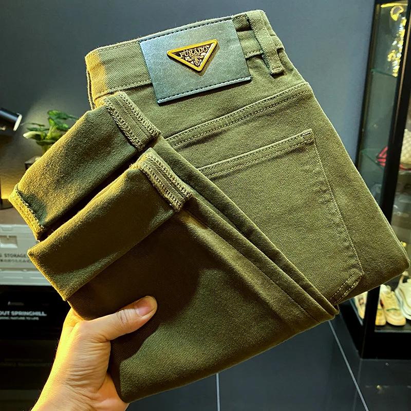 Jean vert rétro haut de gamme pour homme, coupe slim, pantalon long, denim décontracté, extensible,