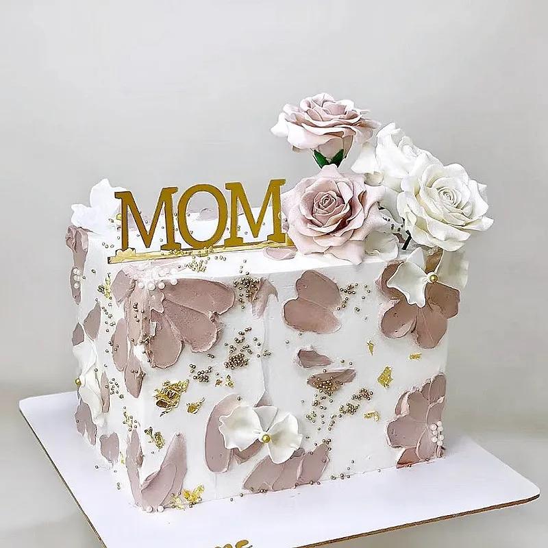 Décoration de gâteau d'anniversaire joyeux fête des mères, design Simple doré en acrylique, décorati