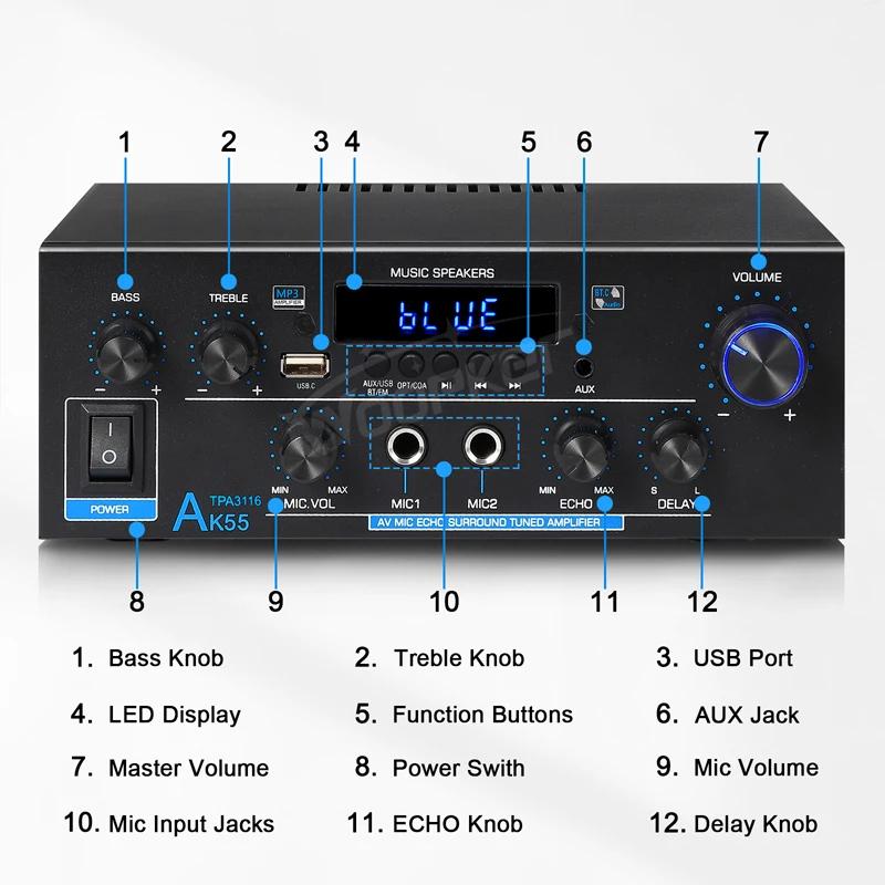 Woopker amplificateur AK55 900W Max 2.0 canaux évalués 70W + 70W Bluetooth Audio Hifi AMP karaoké le