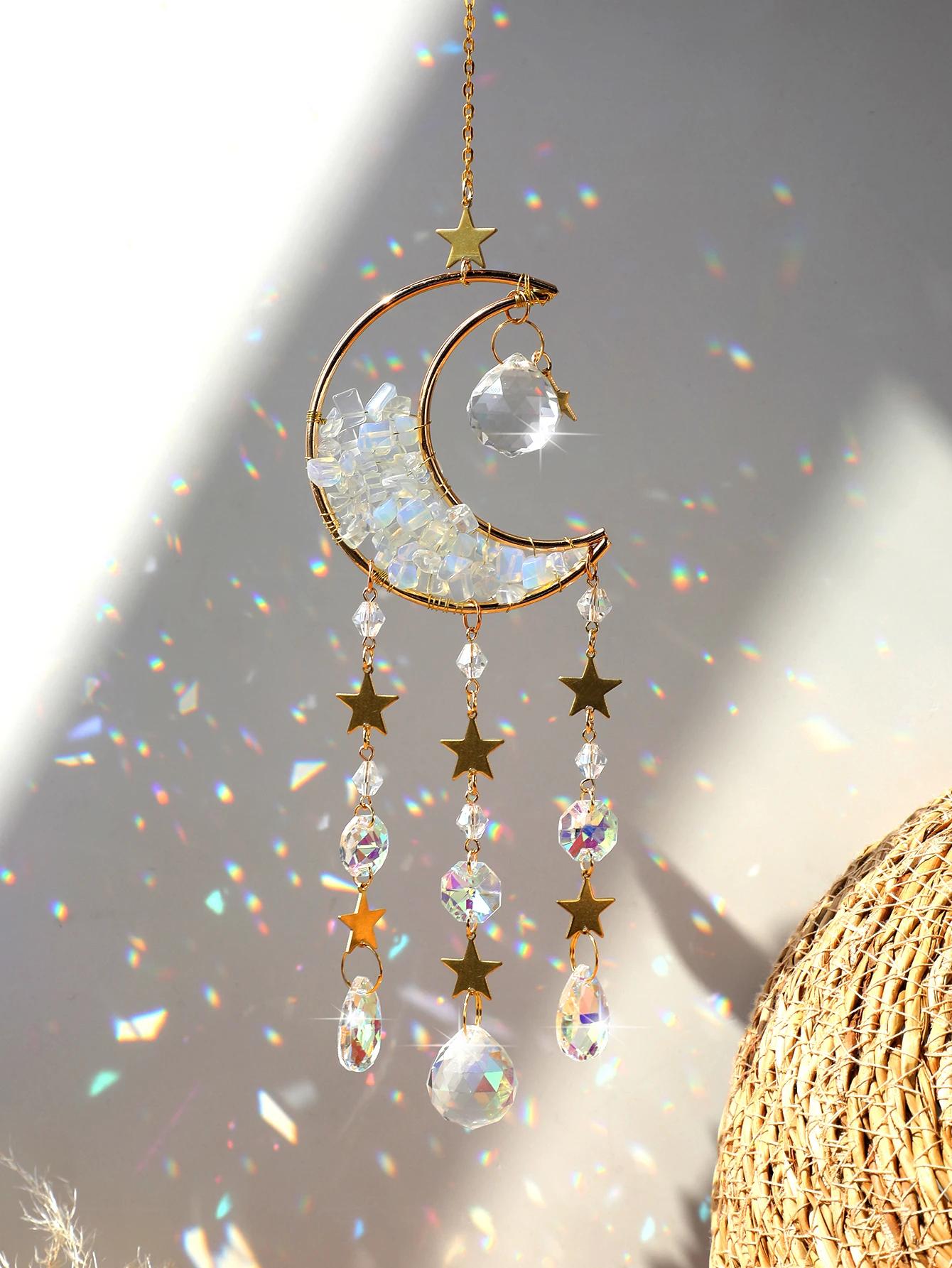 Attrape-rêves en cristal, attrape-soleil pour fenêtre intérieure, boule de prisme, lune, arc-en-ciel