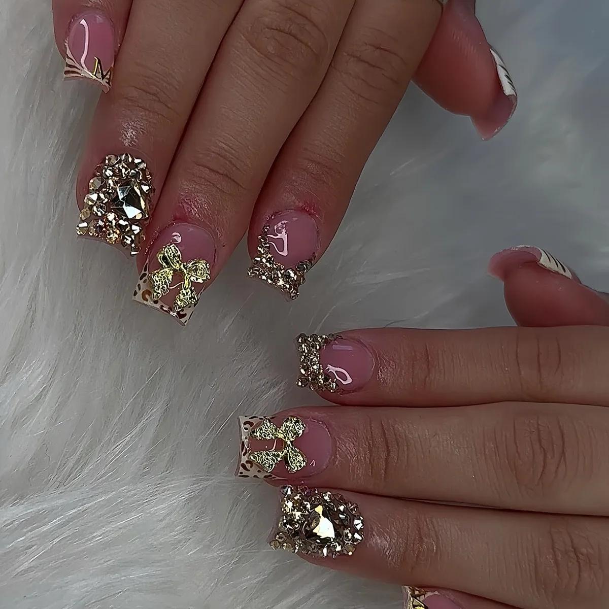 Faux ongles en bec de canard détachables, imprimé léopard Y2k, rose, court, à pression, fleur, couve