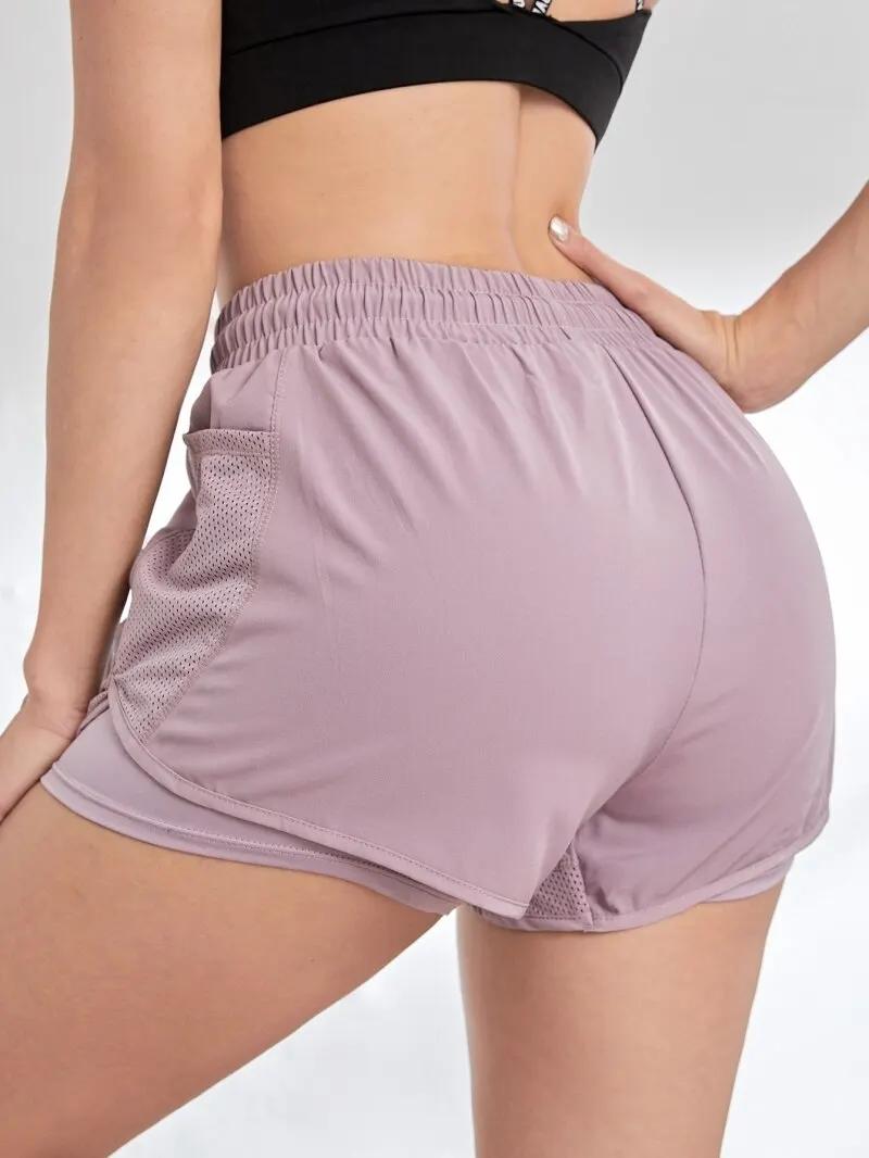 Short de sport élastique pour femmes, short avec poches, faux Leggings de Yoga deux pièces pour cour
