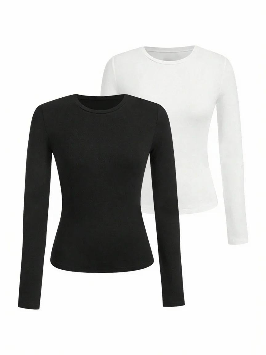 T-shirt femme manches longues couleur unie - Tissu tricoté polyester, col rond, coupe régulière, sty