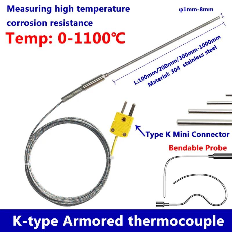 Fil de capteur pliable de Type K, Thermocouple blindé, 1mm//2mm/3mm-8mm de diamètre 100/200/300mm WR