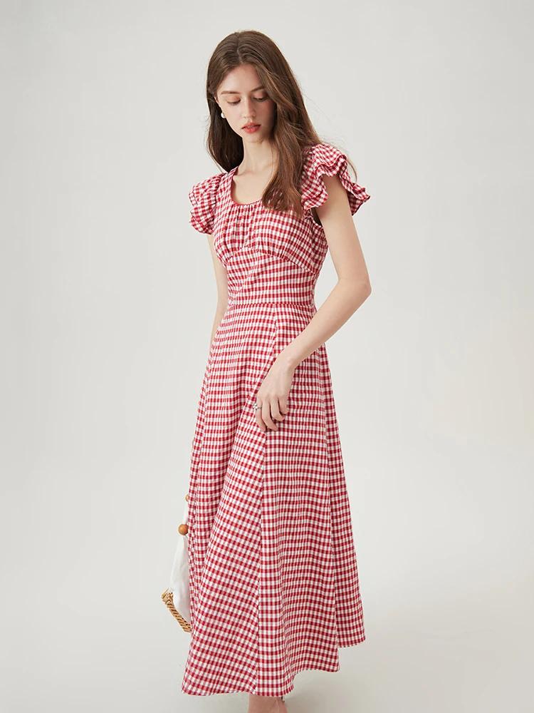 FSLE-Robe longue rouge à carreaux, taille haute, pour femme, tenue élégante et romantique, nouvelle