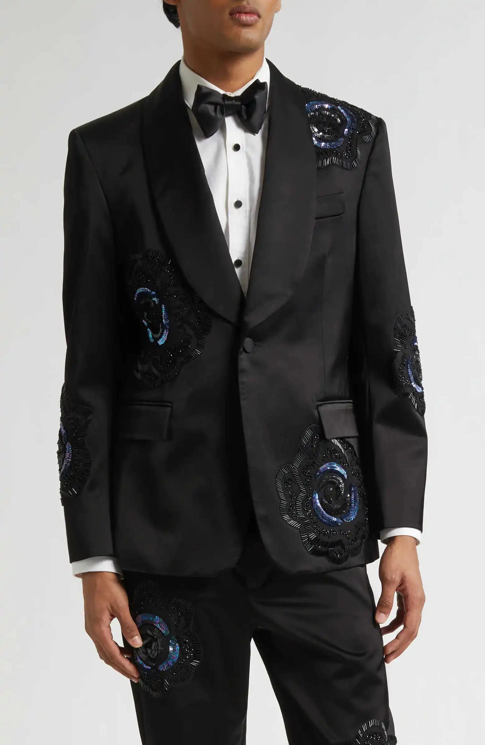 Costume de Mariage Tendance pour Marié, Smoking à Revers Châle Perlé, Simple Boutonnage, 2 Pièces (V