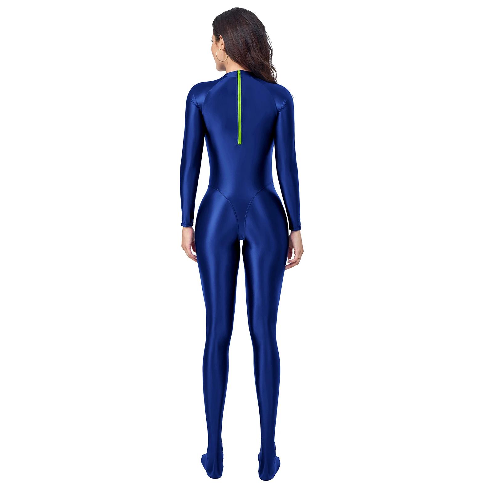 AMORESY – combishort Catsuit Wetlook pour femmes, justaucorps brillant avec fermeture éclair, combin