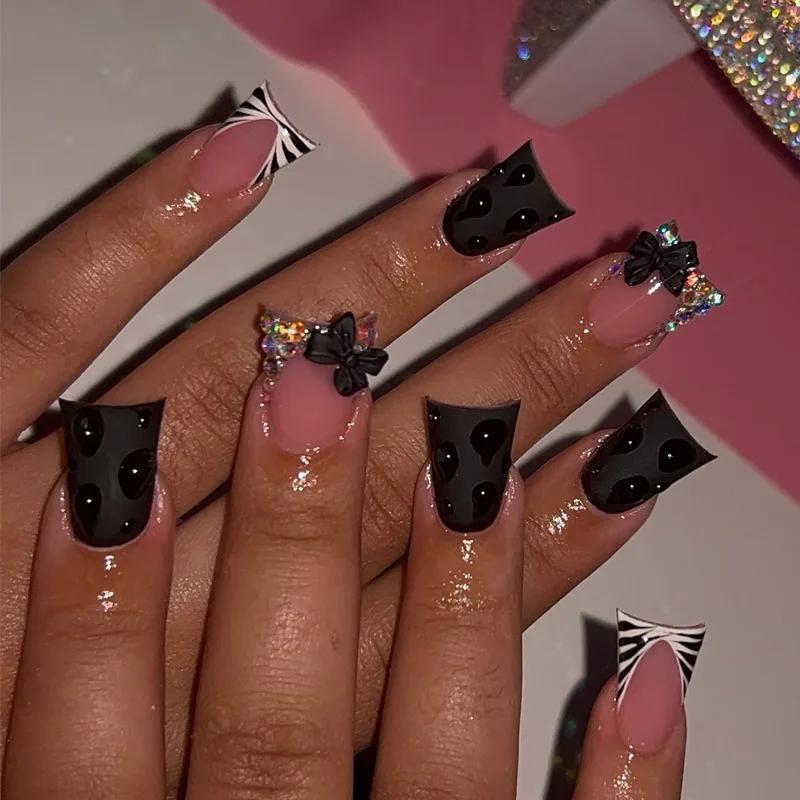 24 pièces Ins Spice Girl presse sur les ongles scintillant diamant arc décor y2k faux ongles portabl