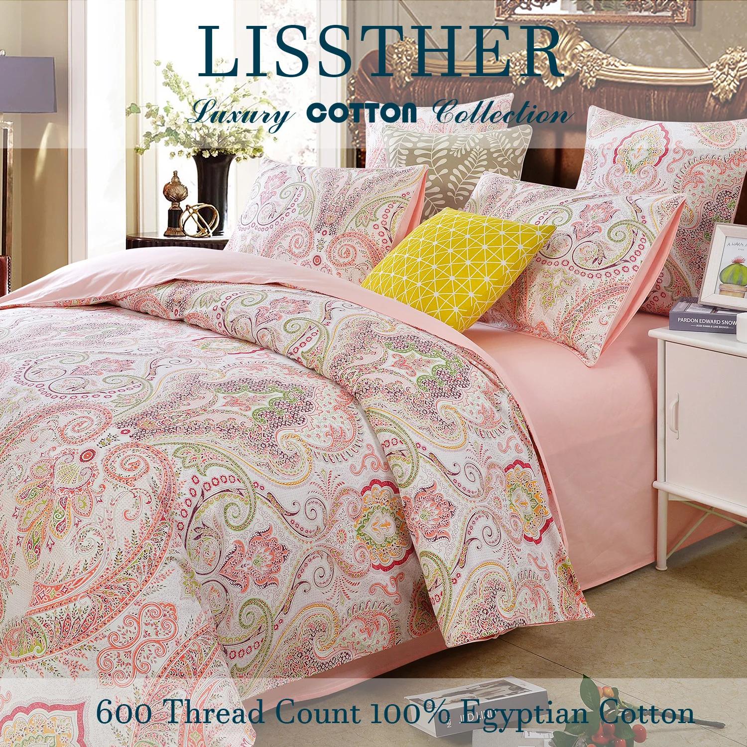 Ensemble de housse de couette 3 pièces 600TC 100% coton égyptien, imprimé Paisley rose Boho, doux et