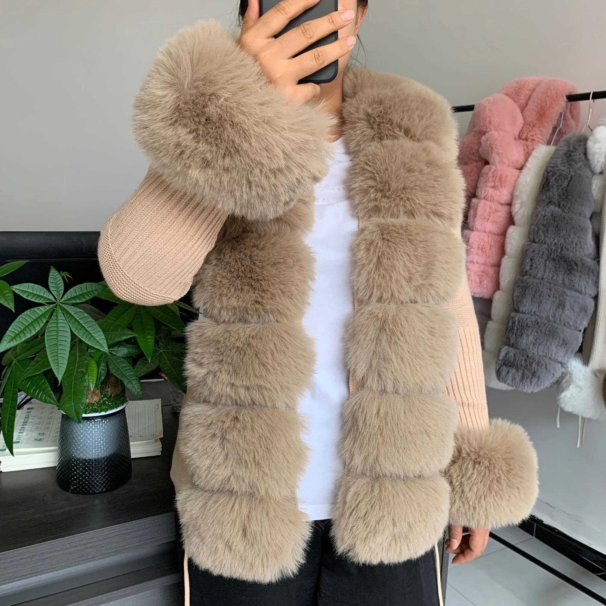 Femmes fausse fourrure tricot pull cardigan printemps automne élégant pull tricoté avec fausse fourr
