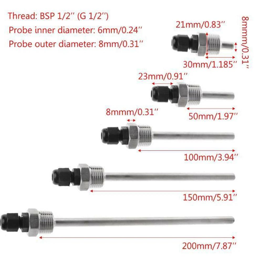 Poche thermométrique 304 en acier inoxydable 304, filetage 1/2 G, OD6mm, manchon d'immersion pour ca