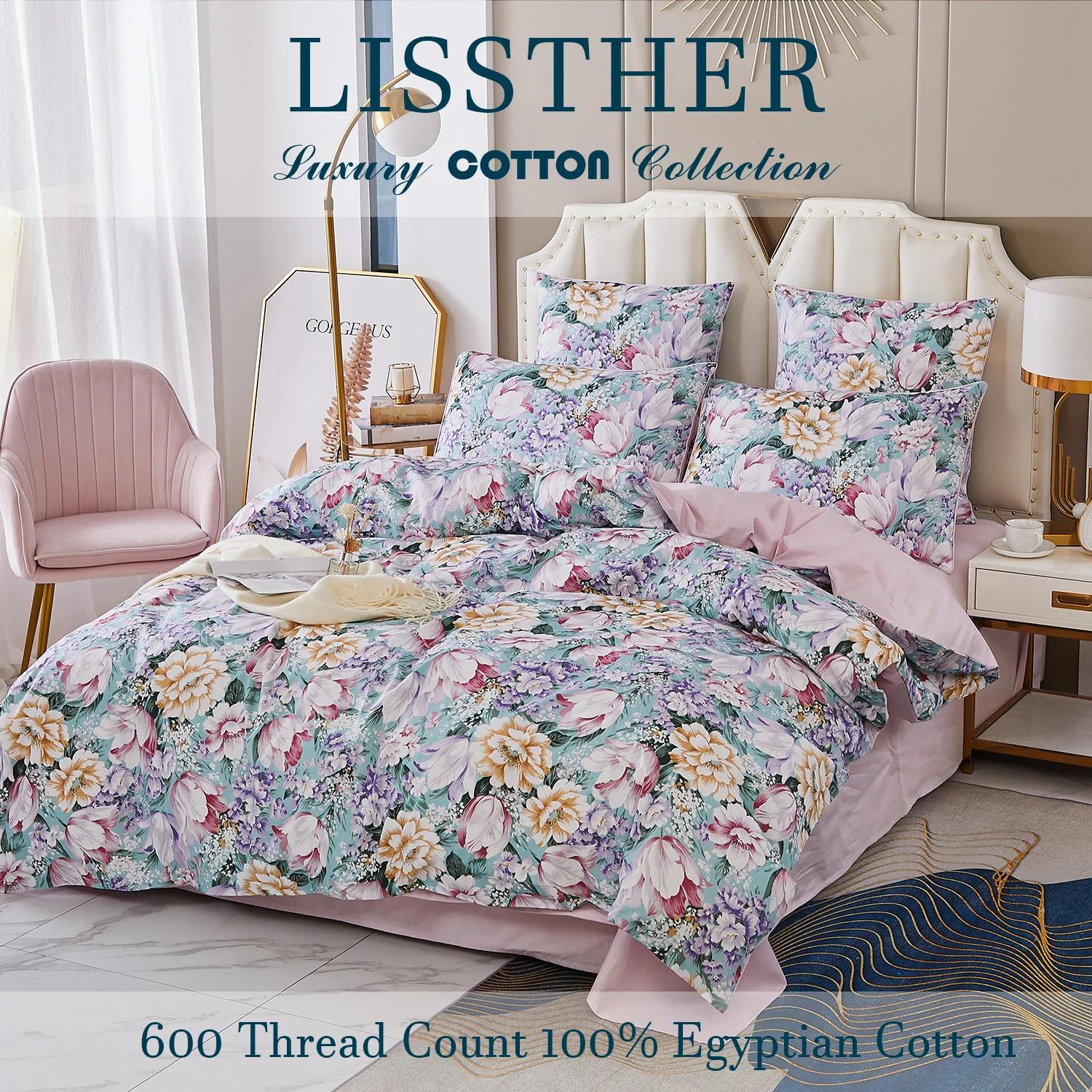 Ensemble de housse de couette 100% coton égyptien 600TC, 3 pièces, motif Floral de jardin rose paste