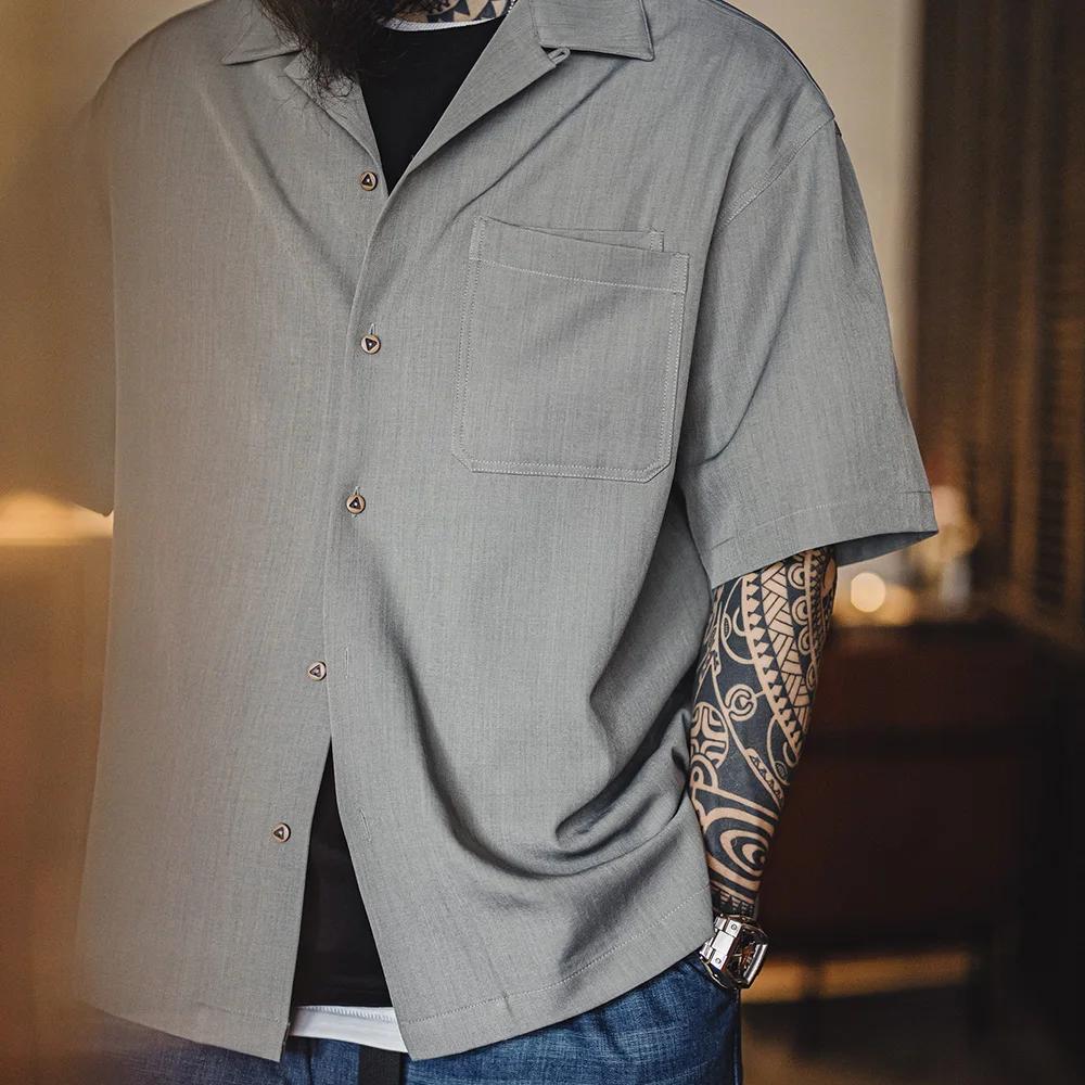 Maden Vintage col cubain chemise à manches courtes hommes été ample simple boutonnage couleur unie B